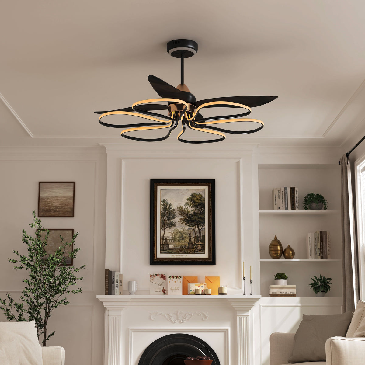 Lightsin 36-inch Black Modern Petal LED Ceiling Fan with Light - 6-Speed with Remote Control