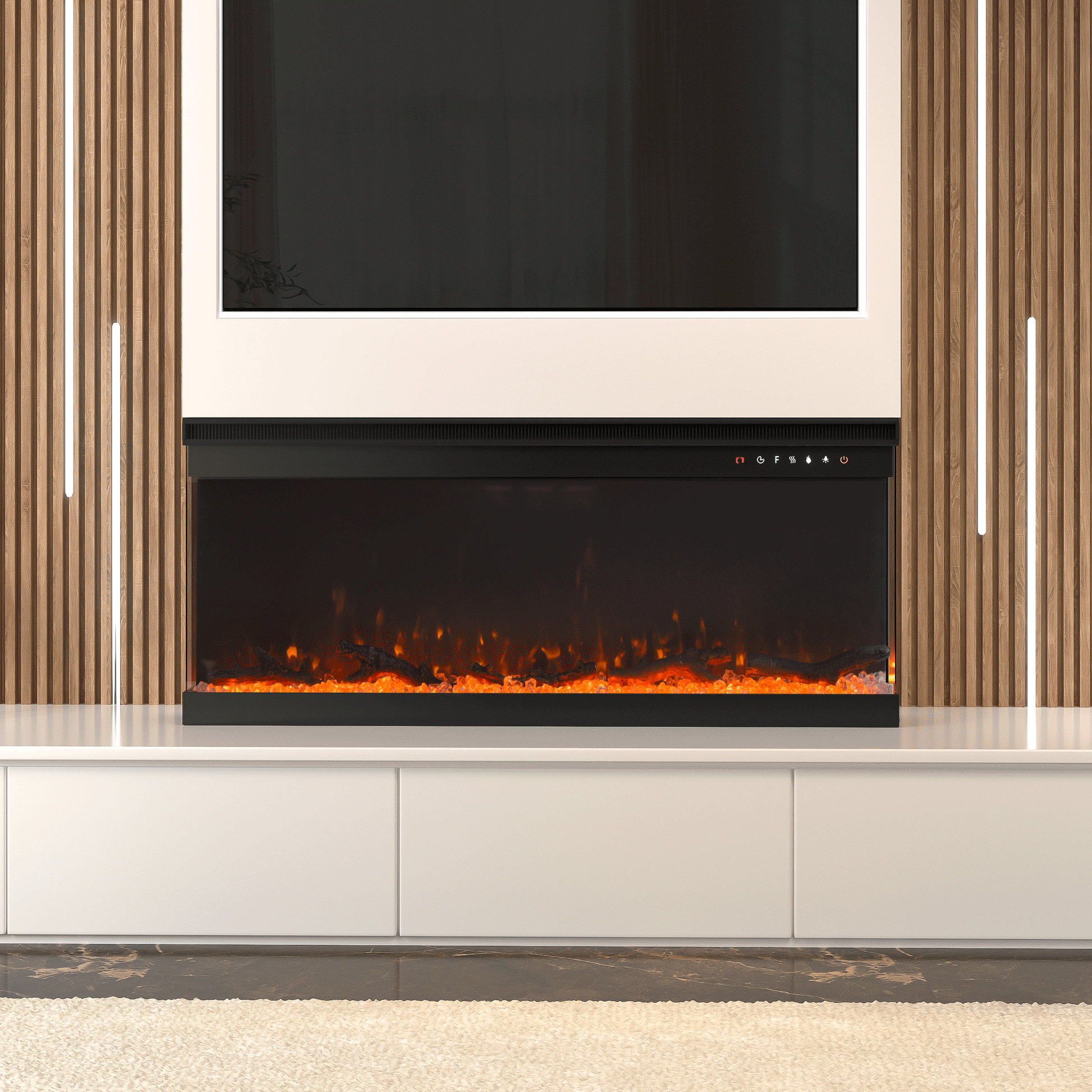 40/50/60/70-Inch 3-Sided Freestanding Electric Fireplace 12 Flame Colours and 5 Brightness Modes