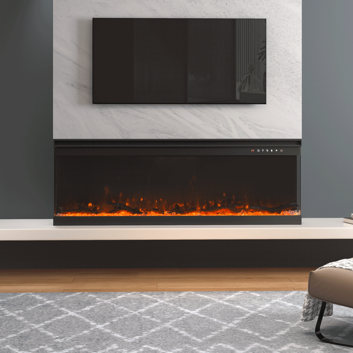 40/50/60/70/80/100-Inch 3-Sided Freestanding Electric Fireplace 12 Flame Colours and 5 Brightness Modes