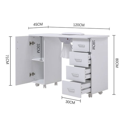 4ft Wide White Manicure Table with Dust Collector and Wrist Cushion