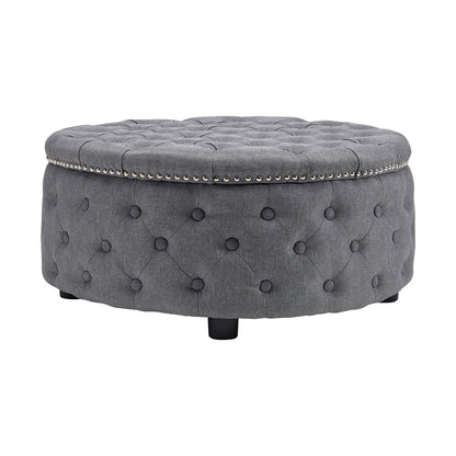 Dia 75cm Linen Tufted Round Cocktail Ottoman with Solid Wood