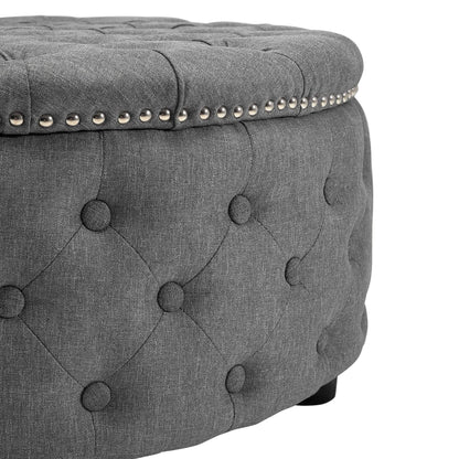 Dia 75cm Linen Tufted Round Cocktail Ottoman with Solid Wood