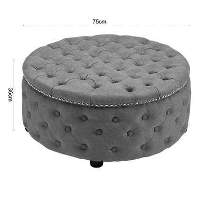 Dia 75cm Linen Tufted Round Cocktail Ottoman with Solid Wood