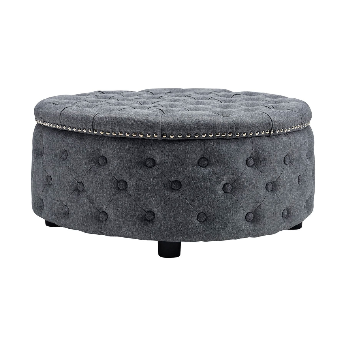 Dia 75cm Linen Tufted Round Cocktail Ottoman with Solid Wood