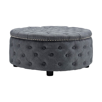 Dia 75cm Linen Tufted Round Cocktail Ottoman with Solid Wood